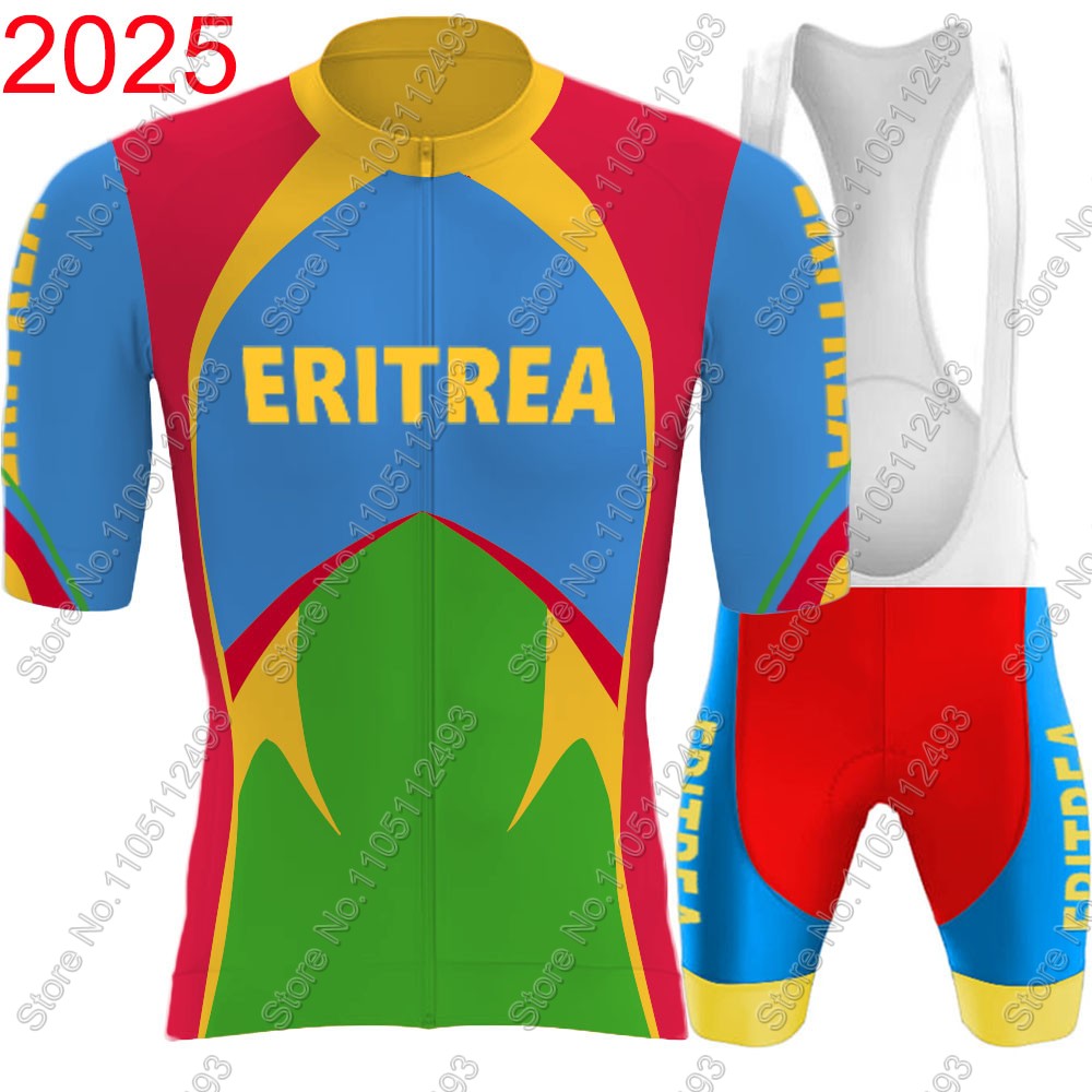 Cycling Bib Shorts - 2025年エリトリア代表チームサイクリングジャージセット半袖赤青服ロードバイクシャツスーツ自転車ビブショーツMTB服